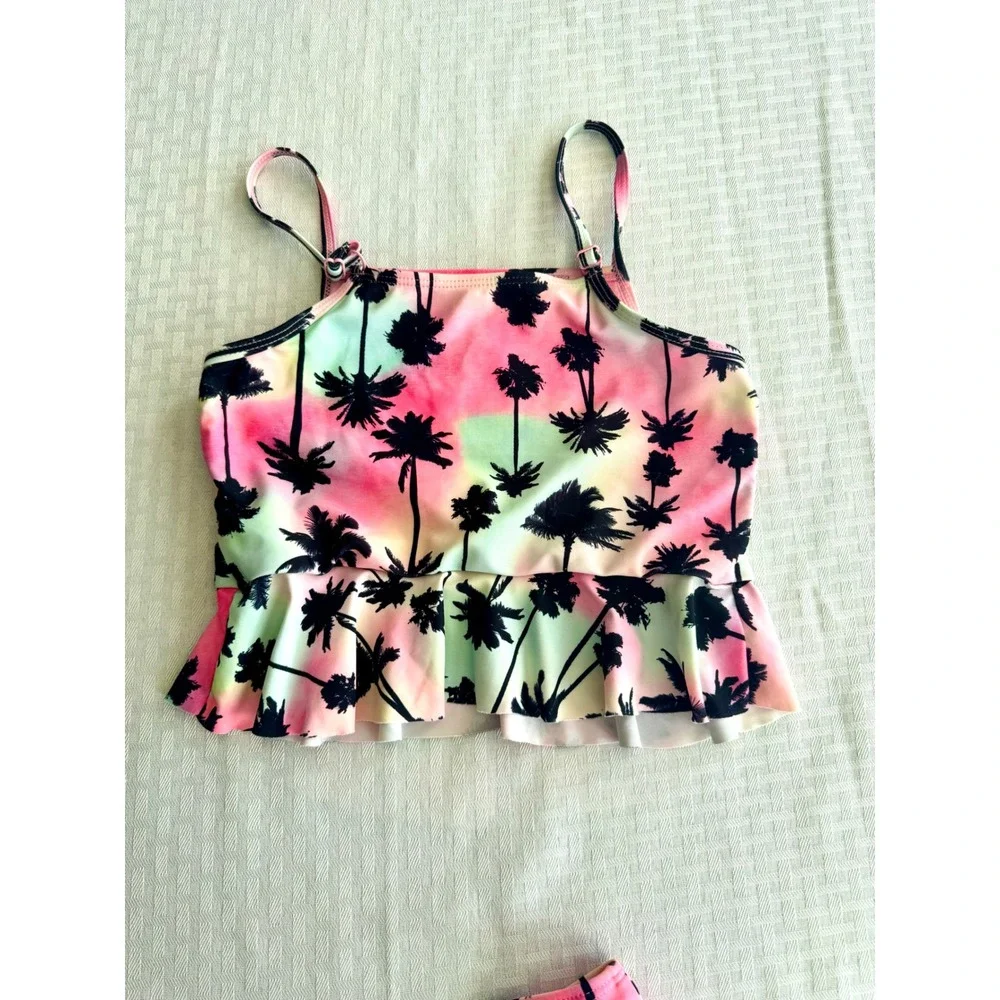 Hurley Girls Pink Green Palm Tree Sunset Bikini Set 2 Piece Swimsuit Size 7/8